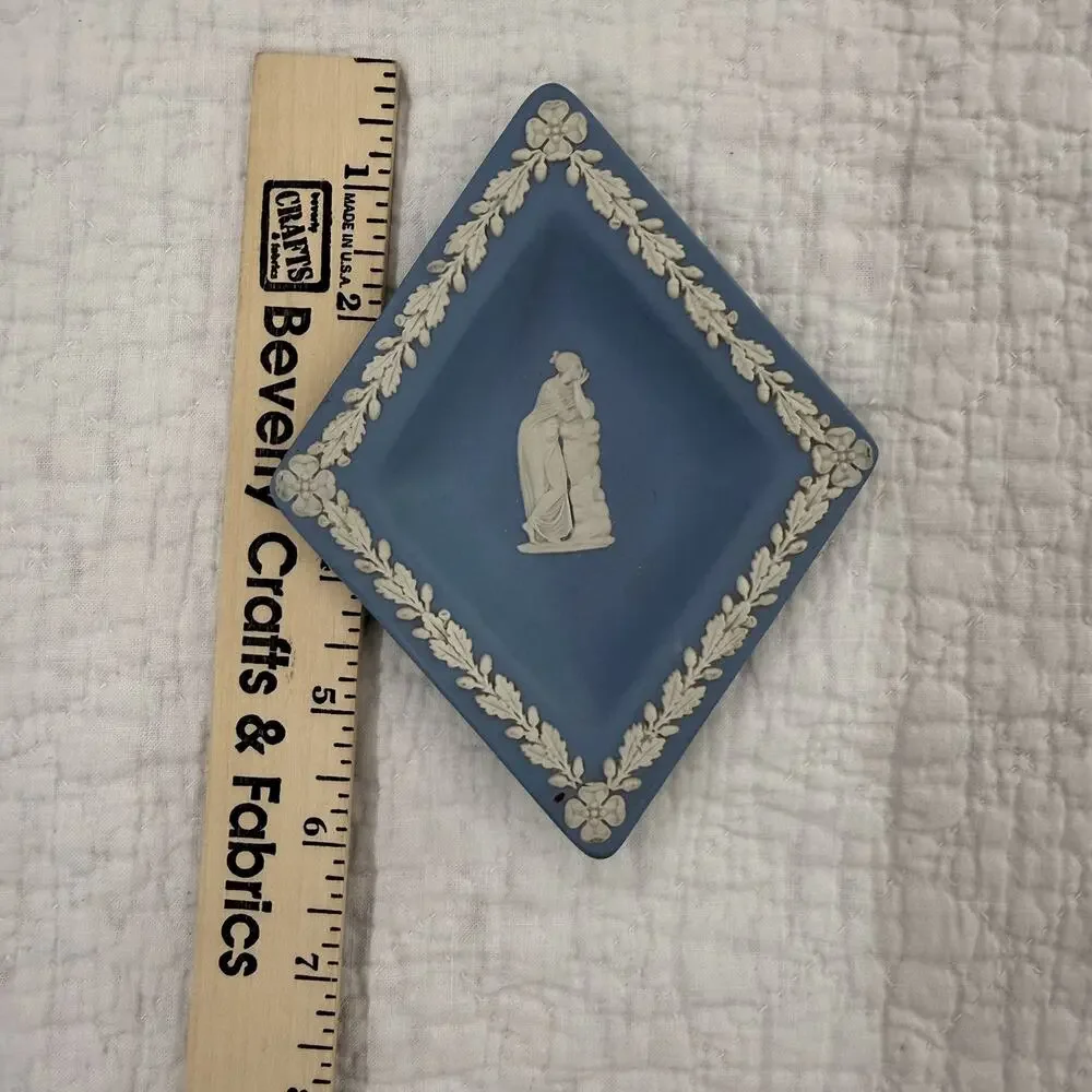 Antique Wedgewood Blue Jasperware Diamond Trinket Ring Dish Goddess Playing Harp